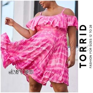 Torrid Pink Tie Dye Ruffle Cold Shoulder Handkerchief Skater Dress 0X 12 Large